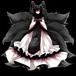 Rule 34 | 1girl, absurdres, alternate color, alternate hair color, animal ears, bad id, bad pixiv id, black hair, black theme, brown hair, dark persona, embellished costume, facial mark, female focus, fox ears, fox tail, frills, fur trim, hands in opposite sleeves, hat, highres, lace, multiple tails, red eyes, short hair, simple background, solo, tail, touhou, yakumo ran, yutazou