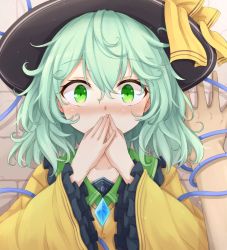 Rule 34 | against wall, blush, commentary request, covering own mouth, frilled sleeves, frills, green eyes, green hair, hand on wall, hat, hat ribbon, kabedon, komeiji koishi, looking at viewer, neko mata, pov, pov hands, ribbon, shirt, solo focus, touhou, upper body, wide sleeves, yellow shirt