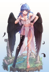 Rule 34 | 1girl, absurdres, antenna hair, bandaged leg, bandages, blue background, blue hair, bracelet, commentary request, earrings, feathered wings, feathers, full body, garter straps, gradient background, hand on own hip, hand on own chest, highres, jewelry, leno^a^, long hair, looking at viewer, navel, necklace, original, pointy ears, purple eyes, single thighhigh, smile, solo, standing, tachi-e, thighhighs, torn clothes, torn thighhighs, white background, wings
