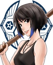 Rule 34 | 1girl, animification, black hair, blue hair, bob cut, brown eyes, emblem, igi (soulofthedrill), jewelry, legendary pictures, mako mori, multicolored hair, necklace, pacific rim, pan pacific defense corps, short hair, solo, staff, streaked hair, tank top, weapon