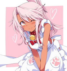 Rule 34 | 1girl, apron, bare shoulders, bell, blush, border, bow, breasts, chata maru (irori sabou), chloe von einzbern, closed mouth, collar, cosplay, dark-skinned female, dark skin, fate/grand order, fate/kaleid liner prisma illya, fate (series), frills, hair between eyes, hair ornament, hairpin, half updo, highres, jingle bell, leaning forward, long hair, looking at viewer, name tag, one eye closed, orange eyes, paw print, pink background, pink hair, sidelocks, simple background, small breasts, smile, solo, tamamo (fate), tamamo cat (fate), tamamo cat (fate) (cosplay), tamamo cat (third ascension) (fate), white border