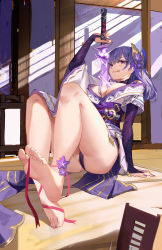 Rule 34 | 1girl, :q, absurdres, ass, bare legs, barefoot, blush, braid, breasts, bridal gauntlets, chinese commentary, cleavage, closed mouth, commentary request, fingernails, flower, foot focus, foreshortening, full body, genshin impact, hair flower, hair ornament, hand on floor, highres, human scabbard, japanese clothes, kimono, large breasts, leg ribbon, light rays, lightning, lips, long hair, long sleeves, looking at viewer, low-braided long hair, low-tied long hair, mitsudomoe (shape), mole, mole under eye, nail polish, obi, obiage, obijime, on floor, purple eyes, purple kimono, purple nails, raiden shogun, ribbon, sash, sitting, solo, sunbeam, sunlight, sword between breasts, tatami, thighs, tomoe (symbol), tongue, tongue out, user eyb1265, wide sleeves