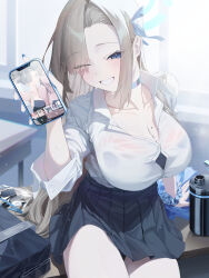 Rule 34 | 1girl, ;d, absurdres, asuna (blue archive), asymmetrical bangs, black skirt, blue archive, blush, breasts, cellphone photo, choker, cleavage, collarbone, derk, hair over one eye, highres, holding, holding phone, karin (blue archive), large breasts, light brown hair, long hair, looking at viewer, mole, mole on breast, one eye closed, open collar, open mouth, phone, pleated skirt, school uniform, scrunchie, shirt, shirt tucked in, showing, sitting, skirt, smile, solo, swimsuit, swimsuit under clothes, very long hair, white shirt, wrist scrunchie