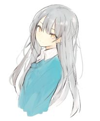 Rule 34 | 1girl, closed mouth, collared shirt, copyright request, dress shirt, eyelashes, from side, hair between eyes, long hair, long sleeves, looking at viewer, looking to the side, lpip, shirt, simple background, smile, solo, very long hair, white background, white shirt, wing collar