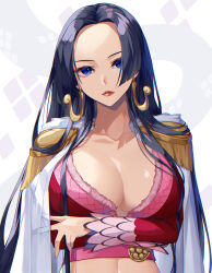 Rule 34 | 1girl, absurdres, black hair, blue eyes, boa hancock, breasts, cape, cleavage, collarbone, crazy otama, crop top, crossed arms, earrings, highres, jewelry, large breasts, long hair, looking at viewer, one piece, red lips, revealing clothes, solo, white background