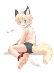 Rule 34 | 1boy, absurdres, animal ears, barefoot, bike shorts, blonde hair, blue eyes, blush, bokustar fox, bound, feathers, fox ears, fox tail, from behind, full body, hair between eyes, highres, looking at viewer, looking back, male focus, original, restrained, topless male, simple background, solo, sweatdrop, tail, tickle torture, tickling, white background