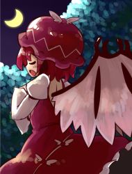 Rule 34 | 1girl, back cutout, bare back, bird wings, clothing cutout, crescent moon, dress, closed eyes, forest, hand on own chest, hat, jagabutter, juliet sleeves, long sleeves, mob cap, moon, music, mystia lorelei, nature, night, open mouth, pink hair, puffy sleeves, short hair, singing, solo, touhou, tree, winged hat, wings