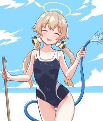 Rule 34 | 1girl, ^ ^, bare shoulders, black one-piece swimsuit, blue archive, blush, breasts, broom, brown hair, cameltoe, closed eyes, cloud, competition swimsuit, covered navel, cowboy shot, facing viewer, groin, halo, hifumi (blue archive), holding, holding broom, holding hose, hose, long hair, low twintails, one-piece swimsuit, open mouth, small breasts, smile, solo, special cat, swimsuit, twintails, water, yellow halo