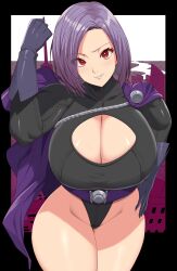 Rule 34 | 1girl, belt, black bodysuit, bodysuit, breasts, cape, cityscape, cleavage, cleavage cutout, clenched hand, clothing cutout, dc comics, gloves, highres, huge breasts, kloah, looking at viewer, muscular, muscular female, palette swap, power girl, purple cape, purple gloves, purple hair, red eyes, solo, superhero costume