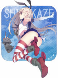 Rule 34 | 10s, 1girl, ;), absurdres, anchor, ass, black panties, blonde hair, character name, elbow gloves, gloves, hair ornament, hairband, highres, kantai collection, long hair, one eye closed, panties, personification, rensouhou-chan, shimakaze (kancolle), shouin, smile, striped clothes, striped thighhighs, thighhighs, thong, underwear, white gloves, wink