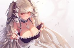 Rule 34 | azur lane, bad id, bad pixiv id, bare shoulders, between breasts, black nails, blush, breasts, cleavage, clothes pull, commentary request, dress, dress pull, formidable (azur lane), frilled dress, frills, hair ribbon, large breasts, long hair, mitsu (mitsu art), nail polish, open mouth, platinum blonde hair, red eyes, ribbon, solo, twintails, two-tone dress, two-tone ribbon, upper body, very long hair