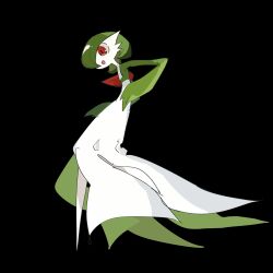 Rule 34 | 1girl, black background, bob cut, colored skin, creatures (company), female focus, flat chest, from side, full body, game freak, gardevoir, gen 3 pokemon, green hair, green skin, hair over one eye, happy, highres, looking down, multicolored skin, nintendo, one eye covered, open mouth, pokemon, pokemon (creature), red eyes, short hair, simple background, sketch, smile, solo, standing, takashi (pixiv 80298118), two-tone skin, white skin