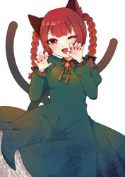 Rule 34 | 1girl, ;d, absurdres, animal ears, black bow, blush, bow, braid, cat ears, claw pose, commentary, dress, fang, flame-tipped tail, flat color, green dress, highres, kaenbyou rin, long sleeves, nail polish, necono (nyu6poko), nekomata, one eye closed, open mouth, red eyes, red hair, red nails, sketch, skin fang, smile, solo, tail, touhou, twin braids