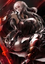 Rule 34 | 10s, 1girl, absurdres, abyssal ship, aircraft carrier oni, armor, armored boots, barefoot, black dress, boots, dress, gauntlets, highres, hiso (inoino 4), kantai collection, long hair, looking at viewer, one side up, pale skin, red eyes, sailor dress, short dress, sitting, solo, thigh boots, thighhighs, very long hair, white hair, zettai ryouiki