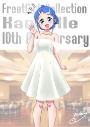 Rule 34 | 1girl, alternate hair length, alternate hairstyle, artist name, blue eyes, blue hair, blush, collarbone, dress, feet out of frame, flying sweatdrops, hand up, head tilt, jewelry, kantai collection, looking at viewer, necklace, open mouth, samidare (kancolle), short hair, signature, smile, strapless, strapless dress, white dress, yokoshima (euphoria)