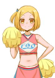 Rule 34 | absurdres, babe (fate), bare shoulders, blonde hair, blush, cheerleader, fate/grand order, fate (series), hair ornament, hand on own hip, highres, midriff, navel, paul bunyan (fate), pom pom (cheerleading), short hair, short ponytail, side ponytail, simple background, sketch, skirt, sleeveless, smile, tsugumi amon, white background, yellow eyes