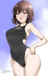 Rule 34 | 1girl, alternate costume, artist name, black one-piece swimsuit, breasts, brown eyes, brown hair, competition swimsuit, covered navel, gakky, highres, hyuuga (kancolle), kantai collection, large breasts, looking at viewer, one-hour drawing challenge, one-piece swimsuit, short hair, solo, standing, swimsuit