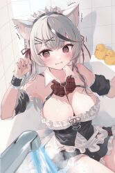Rule 34 | 1girl, @ @, animal ears, bare shoulders, bathtub, black hair, blush, bow, braid, breasts, cat ears, cleavage, collar, detached collar, detached sleeves, dress, frilled dress, frills, grey hair, hair ornament, highres, hololive, large breasts, maid headdress, medium hair, mimiquilike, multicolored hair, open mouth, plaid, red bow, red eyes, rubber duck, sakamata chloe, solo, streaked hair, swea, virtual youtuber, wrist cuffs, x hair ornament