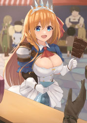 Rule 34 | 4girls, absurdres, ayumi (princess connect!), blue eyes, breasts, cleavage, crown, food, highres, large breasts, market, monika (princess connect!), monika weisswind, multiple girls, multiple others, open mouth, orange hair, pecorine (princess connect!), princess, princess connect!, smile, solo focus, tiara, yanazawa ko