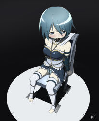 Rule 34 | 10s, 1girl, bad deviantart id, bad id, ball gag, barefoot, bdsm, blue eyes, blue hair, blush, bondage, bound, cape, captured, chain, chair, crotch rope, crying, gag, gagged, gloves, highres, lock, looking away, magical girl, mahou shoujo madoka magica, mahou shoujo madoka magica (anime), matching hair/eyes, miki sayaka, padlock, panties, sharpffffff, short hair, solo, spotlight, tears, thighhighs, tied to chair, underwear, white gloves, white thighhighs