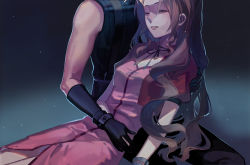 Rule 34 | 1boy, 1girl, absurdres, aerith gainsborough, blonde hair, brown hair, closed eyes, cloud strife, cropped jacket, death, dress, final fantasy, final fantasy vii, forgotten city, gloves, hair down, head out of frame, highres, hug, jacket, lilith-lily, long hair, parted bangs, parted lips, pink dress, rain, red jacket, sidelocks, square enix