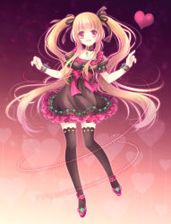 Rule 34 | 1girl, :d, black thighhighs, blonde hair, blush, bow, dress, female focus, full body, gradient background, hair bow, heart, long hair, miyu (botan), open mouth, original, personification, pink eyes, ribbon, smile, solo, standing, standing on one leg, thighhighs, twintails, valentine, very long hair