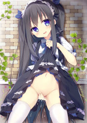 Rule 34 | 1girl, black hair, blue eyes, blue necktie, blush, breasts, brick wall, clothes lift, commentary request, cowboy shot, dot nose, dress, dress lift, female masturbation, fingering, hair ribbon, highres, lifted by self, long hair, maid, maid headdress, masturbation, navel, necktie, no panties, open mouth, original, pussy juice, ribbon, shirosei mochi, shirt, short sleeves, small breasts, smile, solo, thighhighs, very long hair, white shirt, white thighhighs