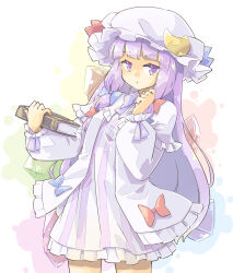 Rule 34 | 1girl, arm up, arnest, blue bow, blue ribbon, blunt bangs, book, bow, commentary, crescent, crescent hat ornament, dress, dress bow, frilled dress, frills, hair bow, hat, hat ornament, hat ribbon, highres, holding, holding book, light blush, long hair, mob cap, parted lips, patchouli knowledge, puffy sleeves, purple eyes, purple hair, red bow, red ribbon, ribbon, robe, shaded face, simple background, solo, touhou, very long hair