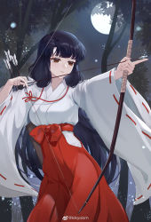 Rule 34 | 1girl, absurdres, aiming, arrow (projectile), bow, expressionless, grass, hakama, highres, inuyasha, japanese clothes, kikyoism, kikyou (inuyasha), miko, moon, night, quiver, solo, tree, upper body
