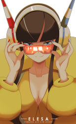 Rule 34 | 1girl, blue eyes, blue nails, blunt bangs, breasts, brown hair, character name, closed mouth, collarbone, commentary, creatures (company), down jacket, elesa (pokemon), english commentary, eyelashes, game freak, gym leader, hands up, headphones, highres, jacket, looking at viewer, medium breasts, nail polish, nintendo, pokemon, pokemon bw2, red nails, reflection, smile, solo, split mouth, vivivoovoo, yellow jacket