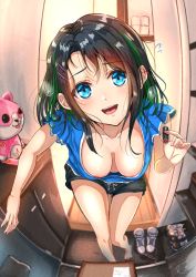 Rule 34 | 10s, 1girl, bang dream!, black hair, blue eyes, blush, breasts, cleavage, delivery, downblouse, earrings, extended downblouse, flying sweatdrops, green hair, hair ornament, hairclip, highres, indoors, jewelry, large breasts, leaning forward, looking at viewer, messy hair, michelle (bang dream!), multicolored hair, navel, nipple slip, nipples, no bra, noir2more, okusawa misaki, open mouth, shoes, short hair, smile, solo, standing