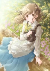 Rule 34 | 1girl, absurdres, apron, arm up, black vest, blue skirt, blurry, bouquet, brown eyes, brown hair, commentary request, day, depth of field, feet out of frame, flower, frilled skirt, frills, hair blowing, hair ribbon, head tilt, highres, holding, holding bouquet, hoshiibara mato, layered sleeves, long skirt, looking at viewer, medium hair, mimosa (flower), original, outdoors, primrose (flower), ribbon, shirt, sitting, sitting on log, skirt, smile, solo, vest, waist apron, white shirt, wind