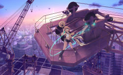 Rule 34 | aqua eyes, bad id, bad pixiv id, blonde hair, bug, butterfly, cable, city, crane (machine), diffraction spikes, from above, glowing, highres, insect, k2pudding, kagamine rin, koi wa sensou (vocaloid), megaphone, midriff, outdoors, solo, standing, swept bangs, vocaloid