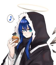 Rule 34 | 1girl, :t, absurdres, arknights, black jacket, blue eyes, blue hair, blue nails, closed mouth, commentary request, cupcake, detached wings, eating, eighth note, food, food on face, fur-trimmed hood, fur trim, grey wings, hair between eyes, halo, hand up, highres, holding, holding food, hood, hood up, hooded jacket, jacket, long sleeves, looking at viewer, mostima (arknights), musical note, nail polish, simple background, solo, spoken musical note, white background, wings, yuki nko64