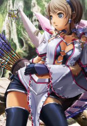 Rule 34 | 1girl, :d, bare shoulders, black thighhighs, blonde hair, blue eyes, bow (weapon), breasts, brown hair, bug, butterfly, capcom, center opening, cleavage, crop top, day, detached sleeves, elbow gloves, equis (armor), feathers, gloves, hair ornament, hair tubes, insect, leaning, loincloth, looking away, md5 mismatch, midriff, miniskirt, monster hunter, monster hunter (series), monster hunter frontier, nature, navel, no bra, open mouth, outdoors, quiver, resolution mismatch, shadow, shawl, short hair, shorts, side slit, skirt, smile, solo, source smaller, thighhighs, v-mag, weapon, zettai ryouiki