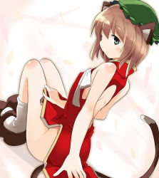 Rule 34 | 1girl, absurdres, animal ears, back cutout, bare arms, bare legs, brown footwear, brown hair, cat ears, cat tail, chen, china dress, chinese clothes, clothing cutout, dress, green eyes, green hat, hat, highres, mukuroi, no panties, shoes, side slit, simple background, sitting, socks, solo, tail, touhou, white background, white socks
