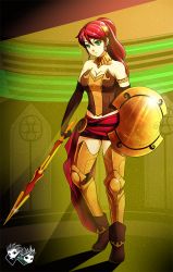Rule 34 | 1girl, armlet, armor, bare shoulders, black gloves, boots, breasts, cleavage, elbow gloves, female focus, full body, gloves, greaves, green eyes, jadenkaiba, large breasts, light rays, long hair, looking at viewer, polearm, ponytail, pyrrha nikos, red hair, rwby, serious, shield, skirt, solo, spear, strapless, thighs, tiara, weapon