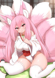 Rule 34 | 1girl, ahoge, animal ear fluff, animal ears, antenna hair, breasts, cleavage, detached sleeves, fox ears, fox girl, fox tail, hand on own chest, highres, horokusa (korai), japanese clothes, jewelry, kitsune, kyuubi, large breasts, light smile, long hair, looking at viewer, miko, mole, mole under eye, mole under mouth, multiple tails, necklace, nontraditional miko, original, pink eyes, pink fur, pink hair, sidelocks, sitting, smile, solo, tail, thighhighs, wariza, white fur, white thighhighs, wide sleeves