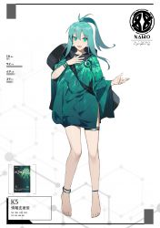 Rule 34 | 1girl, :d, absurdres, ajahweea, anklet, bad id, bad pixiv id, barefoot, breasts, dress, full body, green dress, green eyes, green hair, hair between eyes, hand on own chest, hand up, high ponytail, highres, jewelry, long hair, long sleeves, looking at viewer, medium breasts, open mouth, original, personification, ponytail, power symbol, sidelocks, smile, solo, standing, white background, wide sleeves