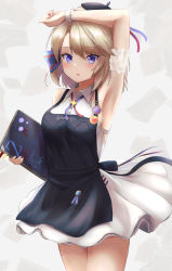 Rule 34 | 1girl, amano kusatsu, apron, armpits, azur lane, beret, blonde hair, blue apron, blue eyes, blush, collared dress, commentary request, cowboy shot, dress, hat, highres, holding, holding notebook, legs together, looking at viewer, notebook, open mouth, short hair, sleeveless, sleeveless dress, solo, standing, swept bangs, white dress, wrist cuffs, z23 (azur lane), z23 (the eyecatch in the rye?) (azur lane)