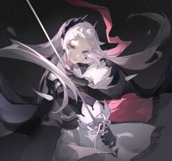 Rule 34 | 1girl, absurdres, arknights, black background, black dress, black gloves, cowboy shot, dress, earrings, floating hair, gloves, grey eyes, grey hair, head wings, highres, holding, holding sword, holding weapon, irene (arknights), jewelry, long hair, long sleeves, looking at viewer, multicolored clothes, multicolored dress, open mouth, pink dress, rain, rapier, shenheqing, simple background, solo, sword, weapon, white dress, wings