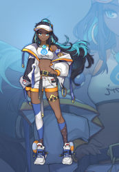 Rule 34 | 1girl, absurdres, adapted costume, aqua eyes, aqua hair, arm at side, armlet, asymmetrical legwear, bare shoulders, belt, black hair, catin, closed mouth, creatures (company), dark-skinned female, dark skin, earrings, floating hair, full body, game freak, gym leader, hair bun, hair ornament, hand on own hip, highres, hoop earrings, jacket, jewelry, long hair, looking at viewer, midriff, multicolored hair, nessa (pokemon), nintendo, off shoulder, open clothes, open jacket, pokemon, pokemon swsh, shoes, shorts, single hair bun, single sock, single thighhigh, smile, socks, solo, standing, stomach, tank top, thigh strap, thighhighs, two-tone hair, uneven legwear