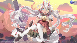 Rule 34 | + +, 1girl, absurdres, artist request, azur lane, blue eyes, brown footwear, dark-skinned female, dark skin, hair between eyes, heterochromia, highres, horns, indianapolis (at school with my sister...) (azur lane), indianapolis (azur lane), long hair, looking at viewer, official alternate costume, official art, promotional art, rainbow, red horns, red skirt, school uniform, shoes, short sleeves, skirt, solo, thighhighs, twintails, very long hair, white hair, white thighhighs, yellow eyes