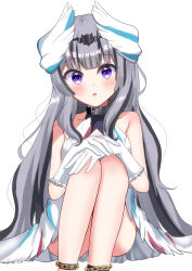 Rule 34 | 1girl, absurdres, bare legs, bare shoulders, black choker, black hair, blunt bangs, blush, choker, commentary, dress, feet out of frame, fire emblem, fire emblem engage, gloves, grey hair, highres, knees up, looking at viewer, multicolored hair, nintendo, parted lips, simple background, sitting, sleeveless, sleeveless dress, solo, streaked hair, veyle (fire emblem), white background, white dress, white gloves, yamu (yamupipi)
