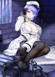 Rule 34 | 1girl, absurdres, arm up, azur lane, black gloves, blue eyes, blue hair, blush, boots, breasts, chain, chain leash, chapayev (azur lane), coat dress, gloves, hair ornament, hairclip, hat, high heel boots, high heels, highres, holding, holding chain, jacket, large breasts, leash, looking at viewer, military hat, mole, mole on breast, open mouth, pantyhose, peaked cap, pov, prison, short hair, sitting, smile, solo, sorayo noriyuki, viewer on leash, white hat, white jacket, window