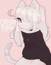 Rule 34 | 1girl, animal ears, artist name, black sweater, blush, breasts, expressionless, furry, furry female, hair over one eye, highres, long hair, looking at viewer, medium breasts, naomi (typh), off shoulder, original, pink background, sitting, solo, sweater, tail, typh