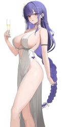 1girl absurdres armband black_armband breasts choker covered_navel cup dress evening_gown genshin_impact highres holding holding_cup large_breasts long_hair looking_at_viewer low-braided_long_hair low-tied_long_hair parted_lips plunging_neckline purple_eyes purple_hair raiden_shogun rikui_(rella2930) side_slit sideboob simple_background solo thighs white_background white_choker white_dress