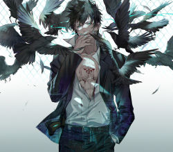 Rule 34 | 1boy, abs, belt, bird, black hair, blood, blood on clothes, blue eyes, cigarette, covering own mouth, ekita kuro, gradient background, hand in pocket, highres, jacket, kougami shin&#039;ya, looking at viewer, open clothes, open jacket, panties, psycho-pass, shirt, short hair, smoking, standing, tattoo, underwear, white shirt