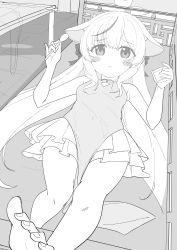 Rule 34 | 1girl, absurdres, animal ear fluff, animal ears, bad id, bad twitter id, bare arms, bare shoulders, barefoot, blue archive, blush, bow, breasts, closed mouth, commentary request, dress, greyscale, hair bow, hands up, highres, holding, holding spoon, indoors, kokona (blue archive), layered skirt, long hair, looking at viewer, monochrome, multicolored hair, okota mikan, on bed, pleated skirt, skirt, sleeveless, sleeveless dress, small breasts, soles, solo, spoon, streaked hair, sweat, table, very long hair