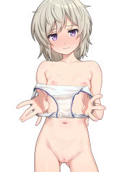 Rule 34 | 1girl, blush, breasts, cleft of venus, closed mouth, collarbone, completely nude, cowboy shot, embarrassed, female focus, grey hair, high school fleet, highres, holding, holding clothes, holding panties, holding underwear, medium hair, navel, nipples, nude, panties, presenting removed panties, purple eyes, pussy, simple background, small breasts, solo, standing, tateishi shima, underwear, white background, white panties, yotubeya